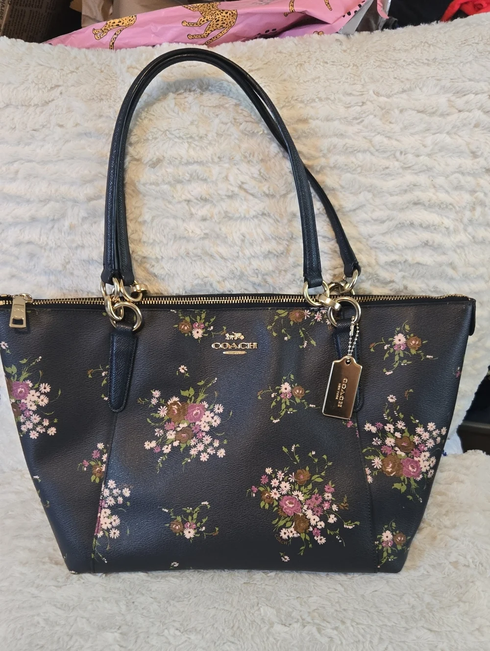 Coach Floral Print Black Leather Tote Bag With Large Gold Coach Tag
